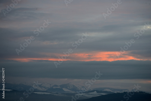 Dawn winter aurora in the snow-capped mountains surrounding the city of Vitoria-Gasteiz (Basque Country) Spain