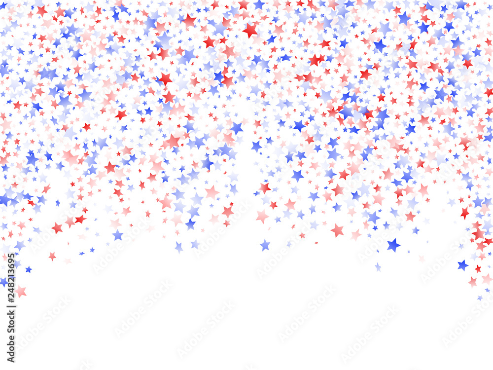 Flying red blue white star sparkles on white vector american patriotic background. Flying red blue white star sparkles on white vector american patriotic background.