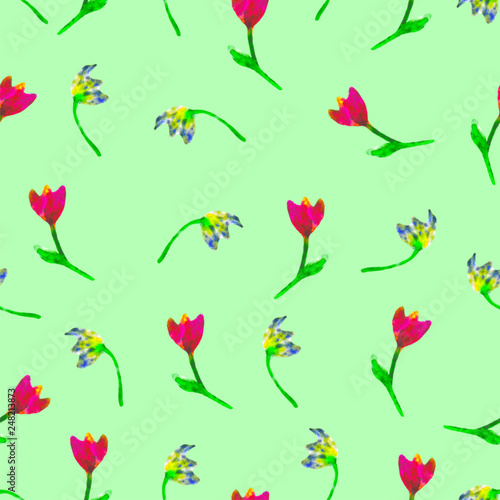 Floral seamless pattern. Hand painted tulips plum. Bright watercolor illustration. Yellow and red flowers on green background. Spring or summer wallpaper. For print, fabric, textile, paper, backdrop. © sshisshka