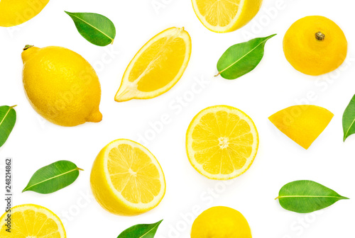 Lemon Pattern. Lemon fruits and slices with leaf isolated on white background. Flat lay, top view .