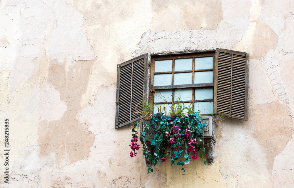 Unfinished wall with a Venetian window and a flower-filled plastic flower box