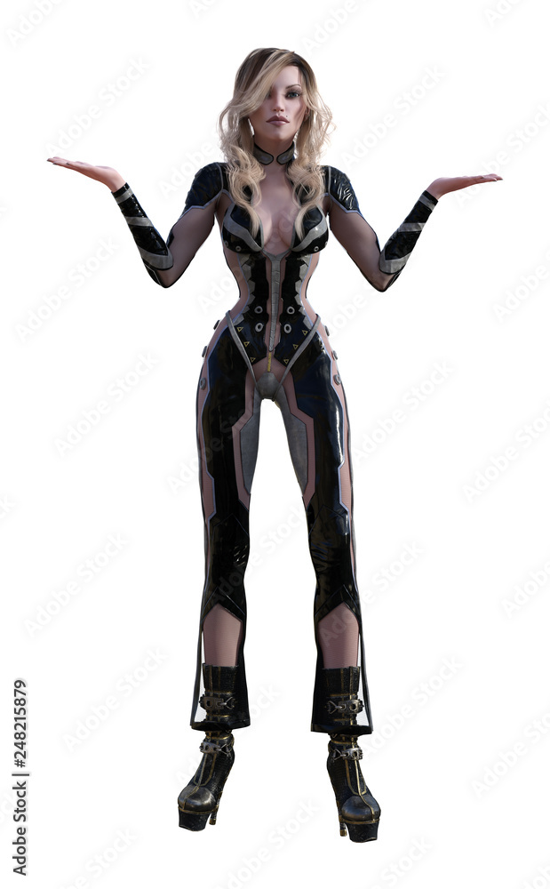 Illustration of a woman with honey blonde hair in a form fitting body suit with her hands in a whatever gesture on a white background. Illustration of a woman with honey blonde hair in a form fitting body suit with her hands in a whatever gesture on a white background.