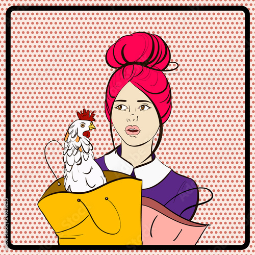 Vector illustration of young pretty woman with packets and chicken. Template for business card and banner,colorful vintage poster in cartoon style.