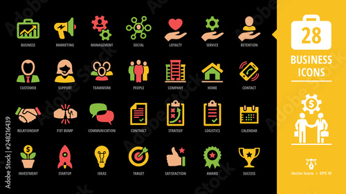 Business glyph icon set on a black background with business, marketing, management, social, loyalty, service, retention, handshake, fist bump and more symbols.