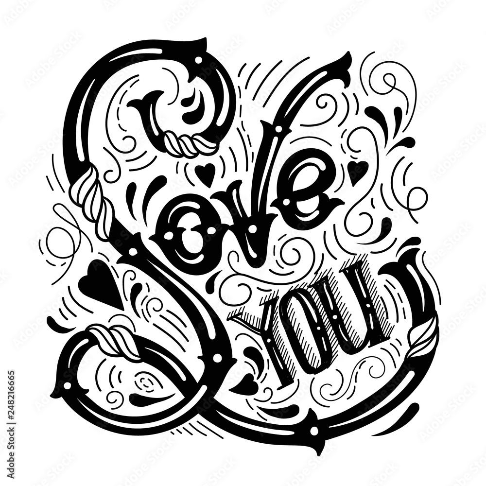 Love you.Vector typographical background with unique lettering made in hand drawn style. Template for poster,prints, card and banner.Cartoon illustration. Love you.Vector typographical background with unique lettering made in hand drawn style. Template for poster,prints, card and banner.Cartoon illustration.