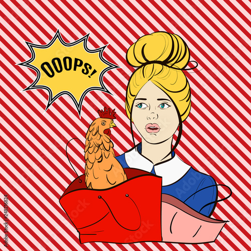 Vector illustration of young pretty woman with packets and chicken. Template for business card and banner,colorful vintage poster in cartoon style.