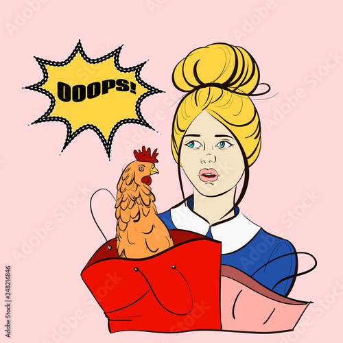Vector illustration of young pretty woman with packets and chicken. Template for business card and banner,colorful vintage poster in cartoon style.