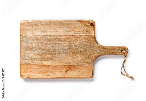 Wooden board for bread isolated on white background. Top view of Kitchen tool.
