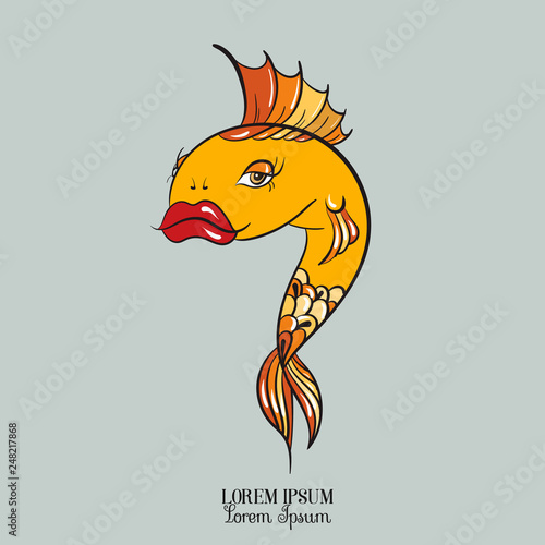 Vector illustration of funny nice fish with big red lips made in hand drawn  cartoon style. Template for business card, poster and banner. Print for  t-shirt, sweatshirt, bag. Stock Vector