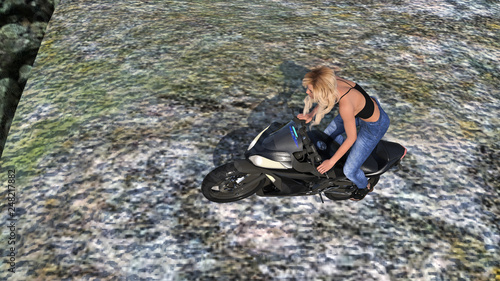 Illustration of a woman outdoors doing a wheelie on a motorcycle atop a large boulder.