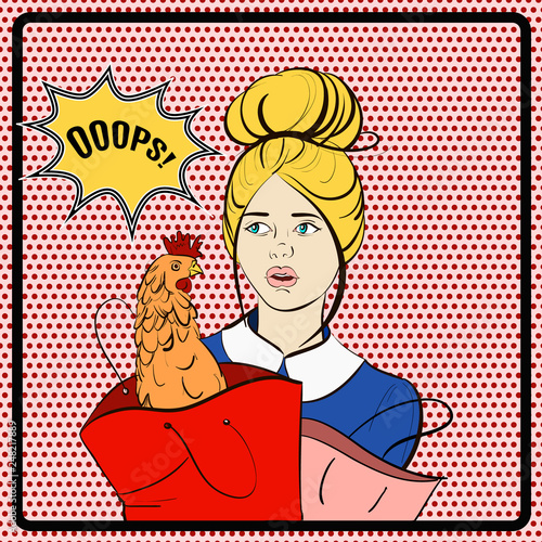 Vector illustration of young pretty woman with packets and chicken. Template for business card and banner,colorful vintage poster in cartoon style.