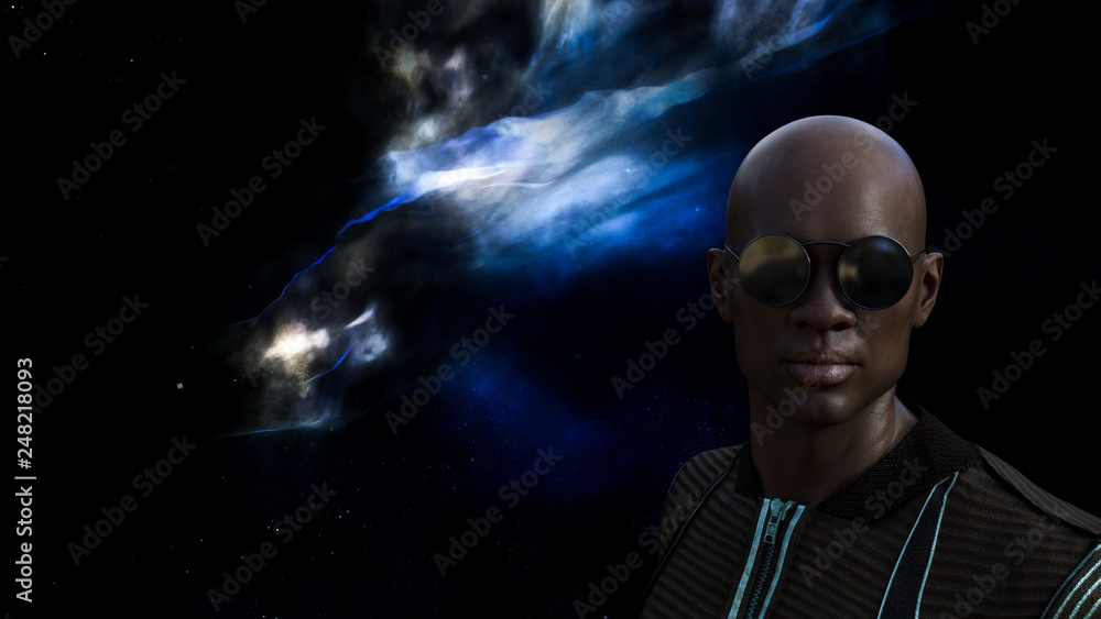 Man in space wearing sunglasses with a nebula and stars in the background. Man in space wearing sunglasses with a nebula and stars in the background.