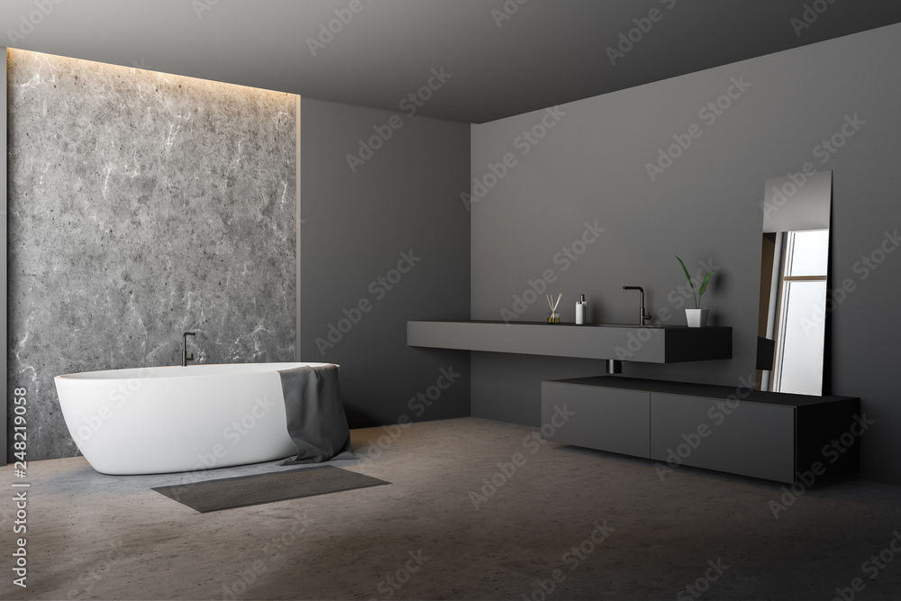 Fototapeta premium Gray bathroom corner, tub and sink