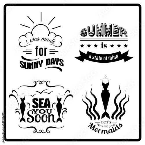 Collection of quote typographical background with creative illustration of mermaid's tail splash and seagull. Set of summery quotes isolated.  Vector template for poster card and banner.