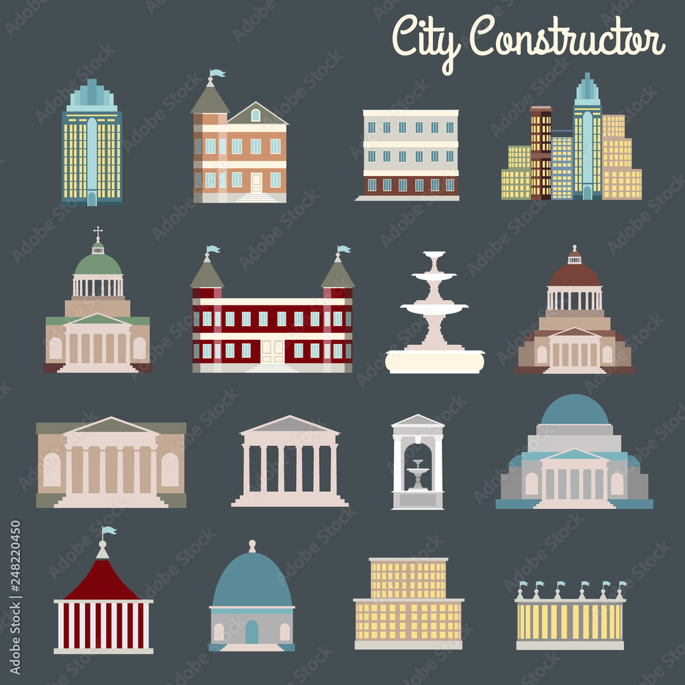 City constructor.Vector illustration of buildings made in cartoon style. Template for business card poster and banner. Big architectural collection in classical and modern styles.