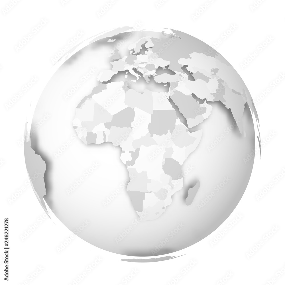 Earth globe. 3D world map with grey political map of countries dropping shadows on white seas and oceans. Vector illustration Earth globe. 3D world map with grey political map of countries dropping shadows on white seas and oceans. Vector illustration