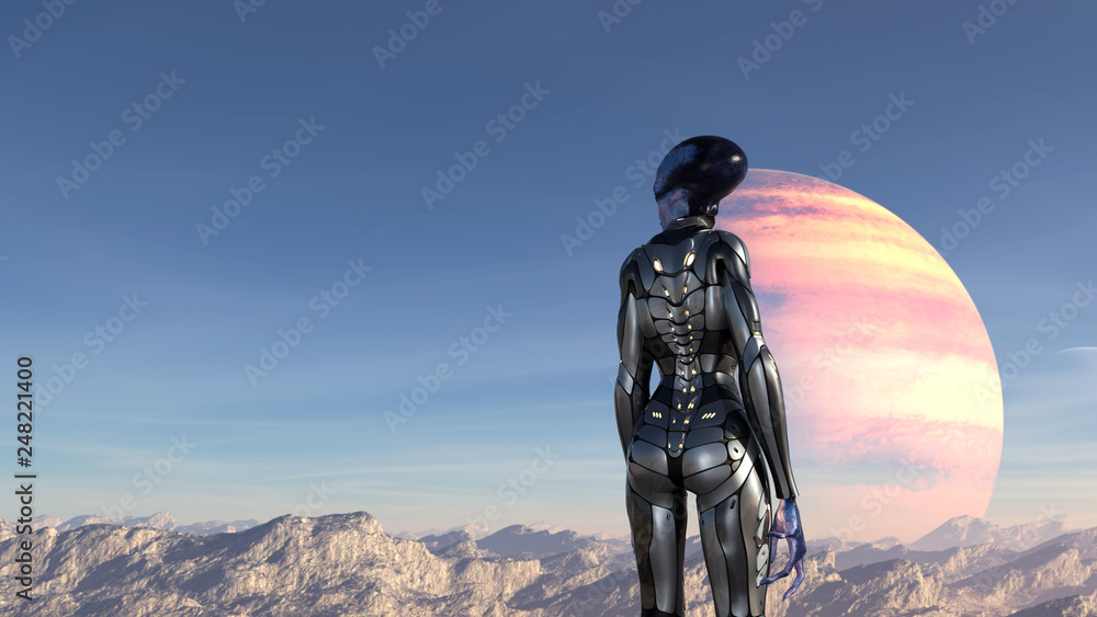 Illustration of an extraterrestrial wearing a spacesuit standing on a mountaintop looking around on an alien planet. Illustration of an extraterrestrial wearing a spacesuit standing on a mountaintop looking around on an alien planet.