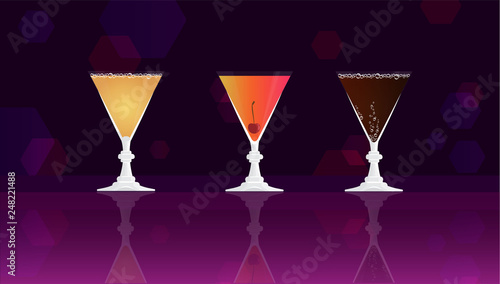 Grey Goose Cherry Noir,  Cherry Daiquiri Cocktail,  Cherry classic  on black -purple mirrored background.  Vector illustration for web and print,  party invitation or menu decoration