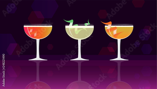 Grey Goose Cherry Noir,  Cherry Cosmo Cocktail,  Sparkling Apple Sherry Cocktail  on black-purple  mirrored background.  Vector illustration for web and print,  party invitation or menu decoration