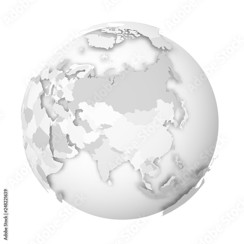 Earth globe. 3D world map with grey political map of countries dropping shadows on white seas and oceans. Vector illustration