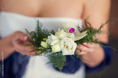 Beautiful Bride boudoir Portrait wedding makeup and hairstyle, girl in veil and jewelry at home. Bride wedding morning. Fashion bride gorgeous beauty, smiling happy bride woman with marriage flowers photo