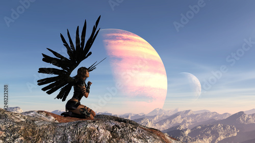 Illustration of a woman with outstretched wings kneeling and praying atop a mountain with blue sky and a planet and moon in the background.
