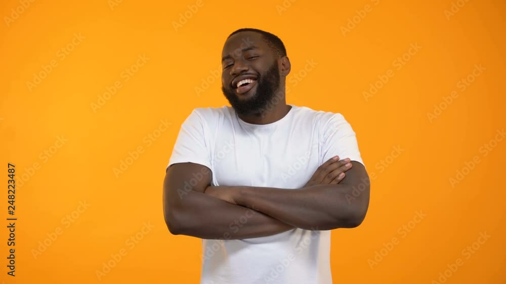 Confident black man pointing finger to himself, crossing hands, dating website Confident black man pointing finger to himself, crossing hands, dating website