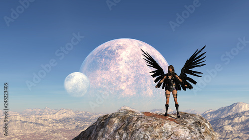Illustration of a woman with outstretched wings standing atop a mountain with two moons in the background.