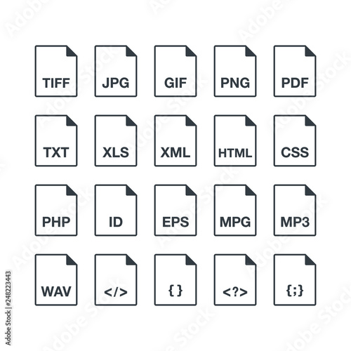 Black popular line document file format icons set. Multi types simple flat design vector pictogram for app ads web website button ui ux interface elements isolated on white background