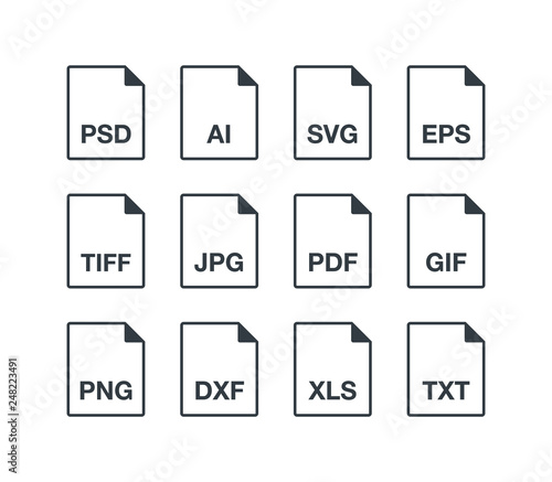 Black popular line document file format icons set. Multi types simple flat design vector pictogram for app ads web website button ui ux interface elements isolated on white background