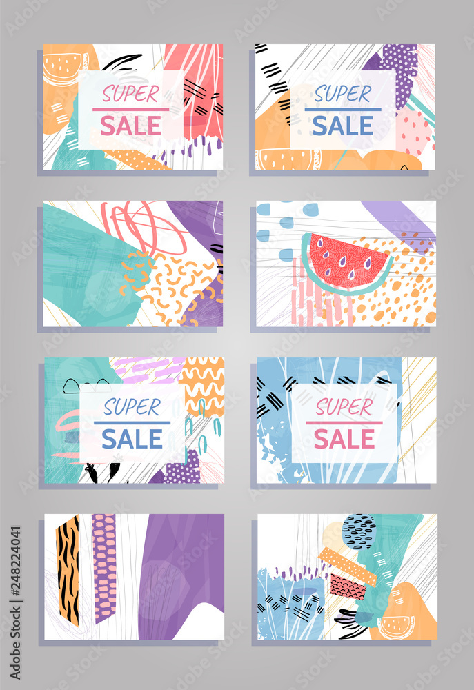 Super sale colorful collage backgrounds set. Hand drawn templates for card, flyer and invitation design. Vector illustration.