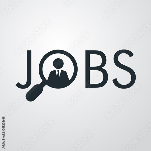 Icono plano abstracto con texto JOBS con hombre en lupa en fondo gris