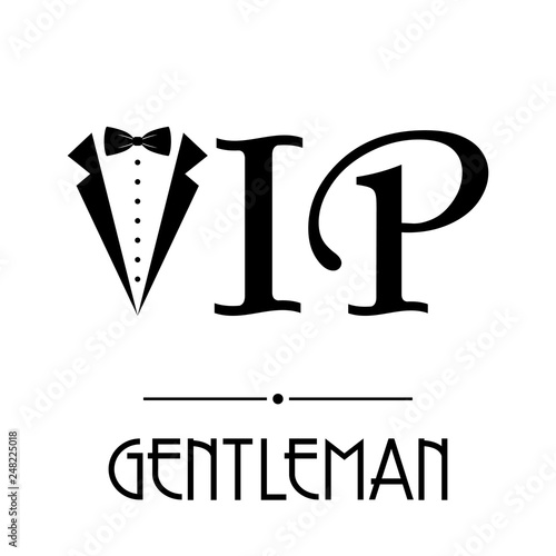 Logotipo abstracto con texto GENTLEMAN con texto VIP con corbata de lazo en color negro