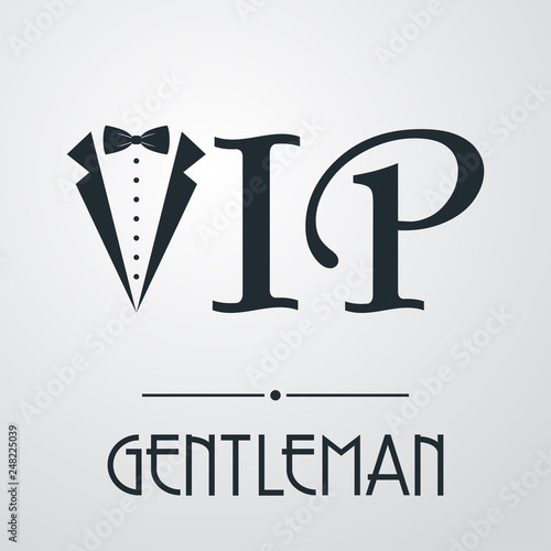 Logotipo abstracto con texto GENTLEMAN con texto VIP con corbata de lazo en fondo gris