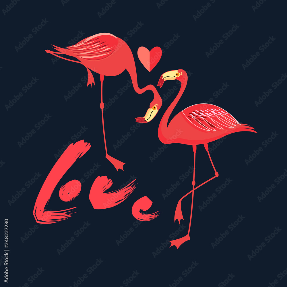 Obraz premium Festive card in love with red flamingos with a heart