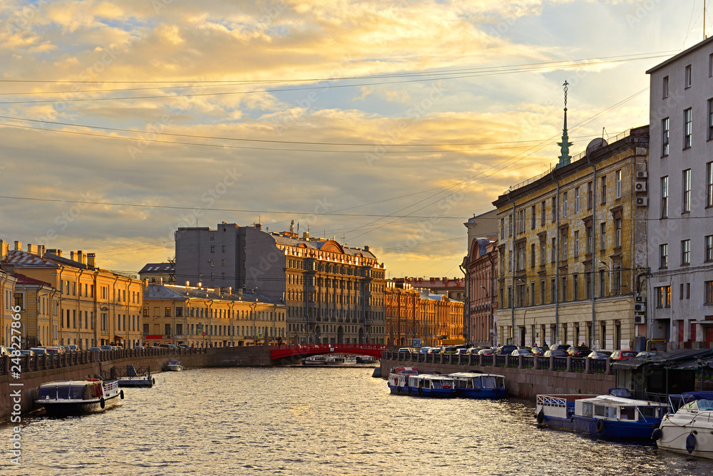 Moika River in evening at sunset. Saint-Petersburg, Russia