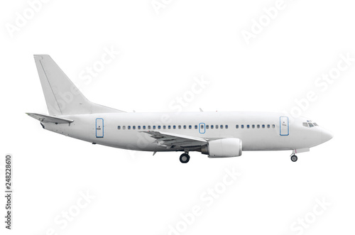 Aircraft with landing gear isolated from the white background. Side view.