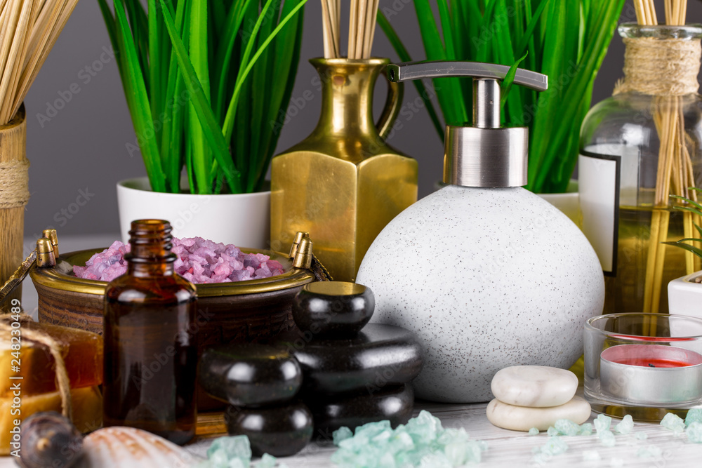 Items for spa massage in the composition on the table Items for spa massage in the composition on the table