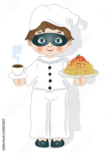 Pulcinella con spaghetti e caffe