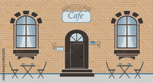 Pretty scenery in a rustic style. A facade of cafe, brick wall, two windows, door, stairs, curtains. The cute tables with cups of coffee or tea and chairs. Vector illustration