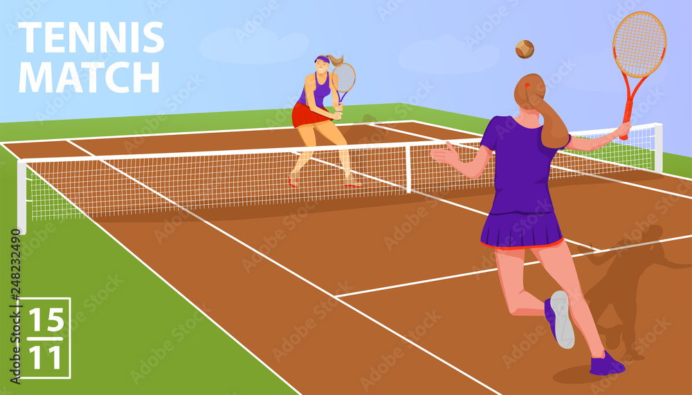 Illustration with two woman tennis players in tennis court. Tennis match sport concept. Vector flat art.