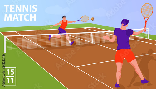 Illustration with two man tennis players in tennis court. Tennis match sport concept. Vector flat art.
