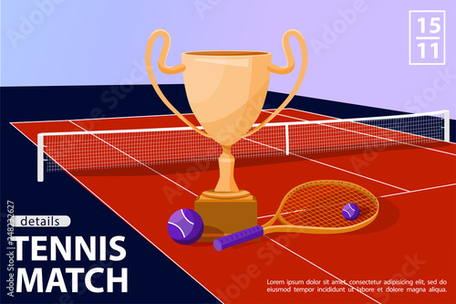 Illustration with award cup, tennis ball and racquet in tennis court. Tennis match sport concept. Vector flat art.