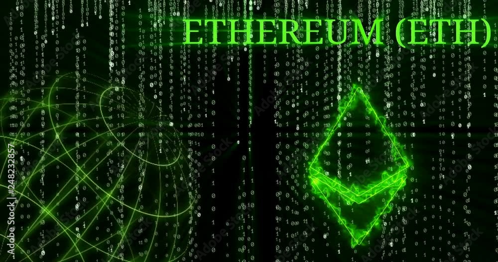 Glowing Ethereum (ETH) symbol against the falling binary code symbols Glowing Ethereum (ETH) symbol against the falling binary code symbols