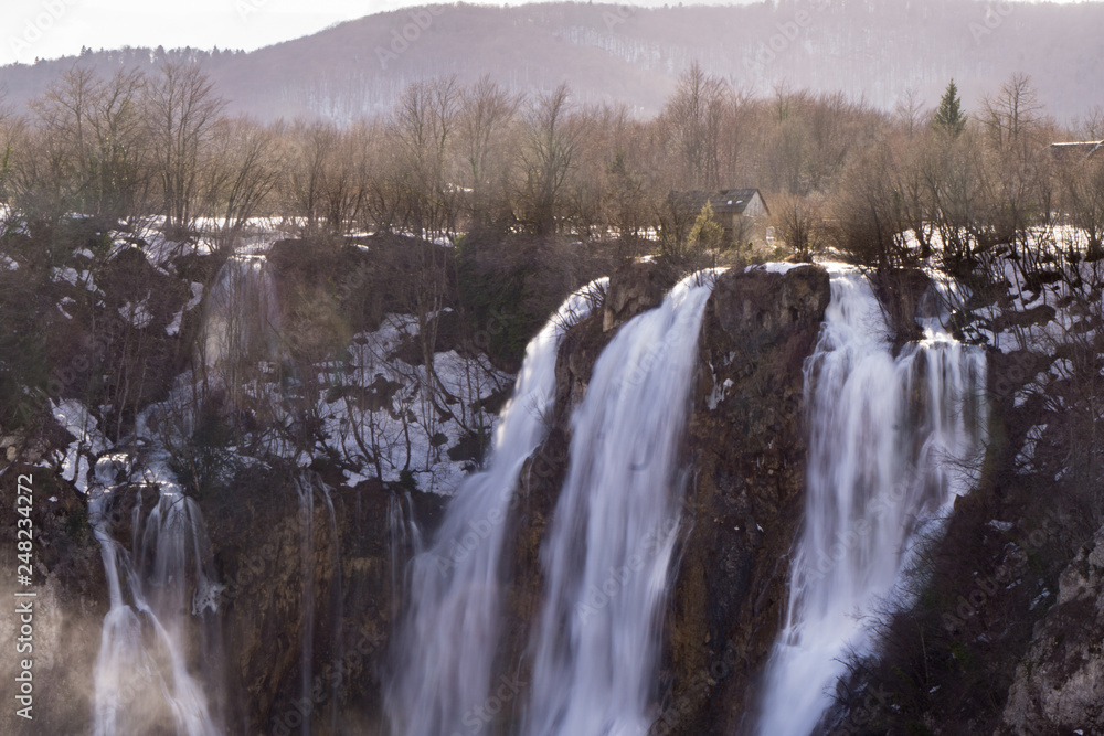 Long exposure shot of the big waterfall of Plitvice Jezero National Park