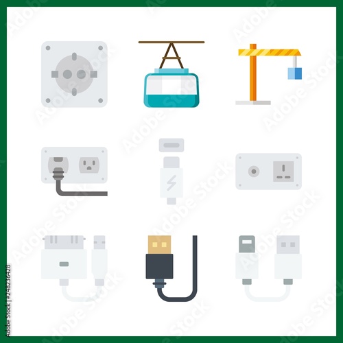 9 cable icon. Vector illustration cable set. winch and usb cable icons for cable works