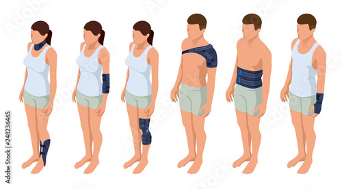 Injury neck, shoulder, arm, leg, back, osteoporosis. Immobilizer. Rehabilitation after trauma. Orthopedics and medicine. Isometric Vector illustration