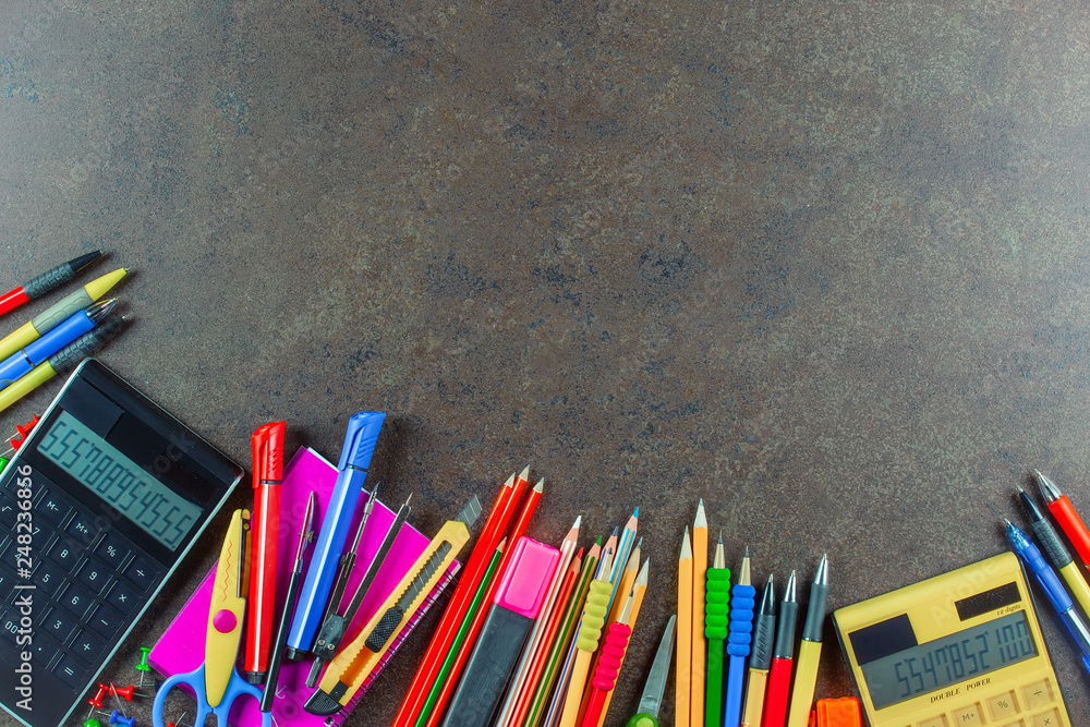 Back to school. Items for school classes in the composition on the table. Back to school. Items for school classes in the composition on the table.