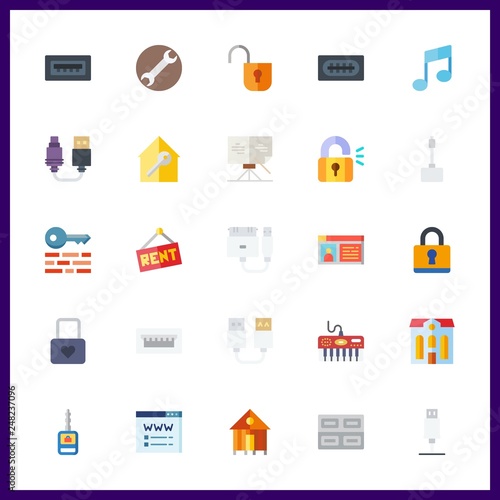 25 key icon. Vector illustration key set. padlock and sheet music icons for key works