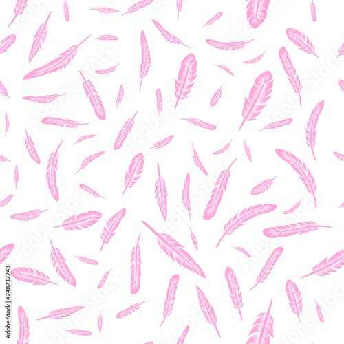 Pink Feathers Seamless Pattern on White Background